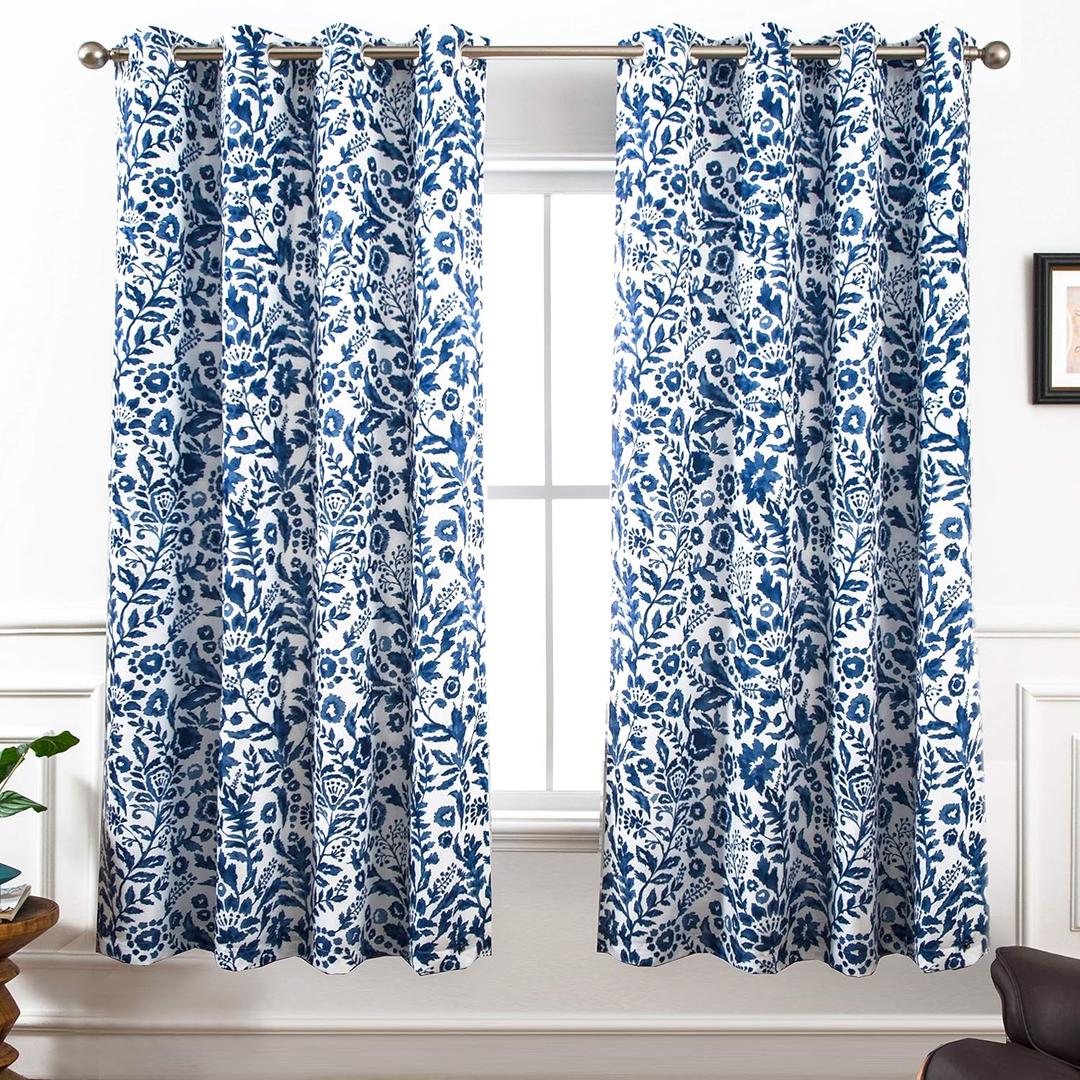 DriftAway Julia Blackout Curtains for Bedroom Navy Floral Watercolor Pattern Double Layer Thermal Insulated Sound Reducing Room Darkening Drapes for Living Room Grommet 2 Panels Each W52 x L63 Navy