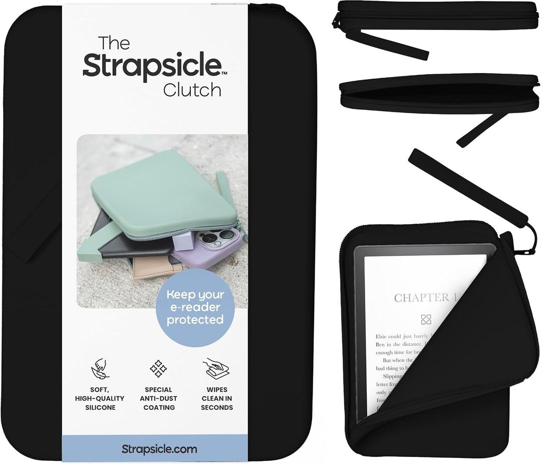 Strapsicle Silicone Clutch for Kindle & E-Readers Multi-Purpose Bag for Phone, Wallet & Keys Fits 6.87 Paperwhite 2024, 6 Kindles, Kobos, Nook Anti-Dust Coating - Black