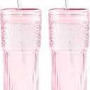 GOSCHE Glass Coffee Cups with Lids and Straws, 20oz Drinking Jar Glass Tumbler for Iced Coffee, Vintage Ripple Glassware Smoothie Cups, Pink, 2Pcs