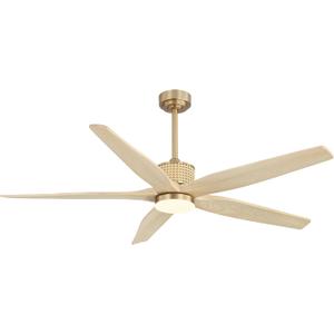 LEDLUX 60" Ceiling Fan with Light  Remote Control, Solid Wood, Quiet Reversible DC Motor, Light Oak/Gold Finish, Includes 4.5"/12" Downrods, Noiseless Ceiling Fan for Bedroom, Living Room, Porch