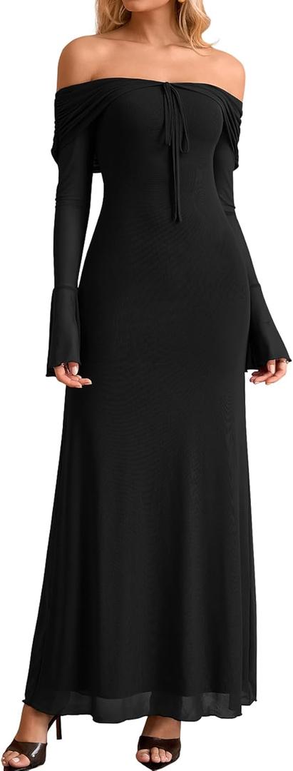 KUTUMAI Elegant Off Shoulder Long Sleeve Maxi Dress Bodycon Tie Formal Wedding Guest Dresses for Women 2025 Fall (XL, Black)