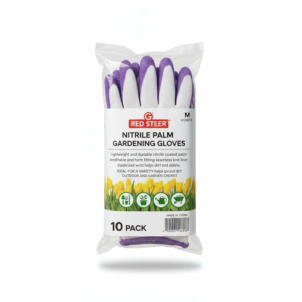 RED STEER GLOVE COMPANY, NITRILE PALM GARDENING GLOVES,PACK OF 10, (White& Purple)
