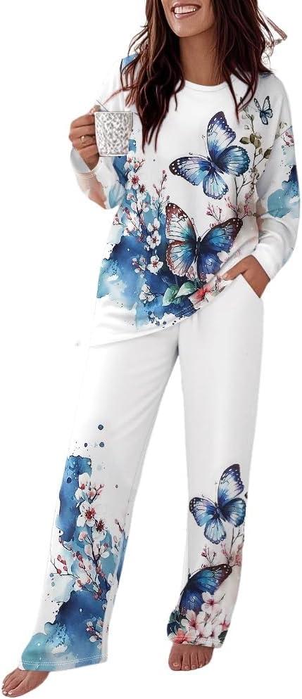 CHICME Womens Pajamas Sets 2 Piece Long Sleeve Lounge Set Loose Pants Pj Sets Loungewear with Pockets (White, XXL)