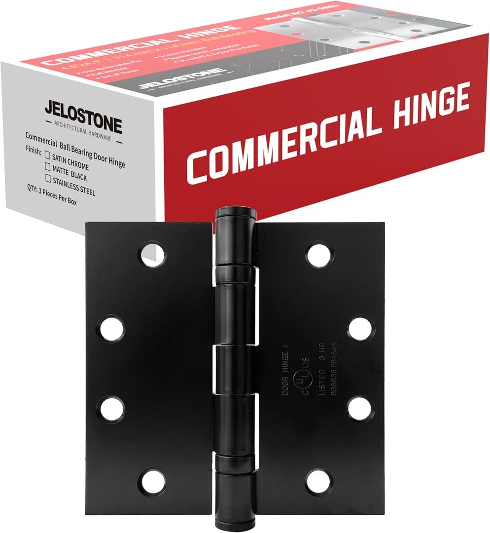 3 Pack - 4.5'' x 4.5'' Commercial Grade Ball Bearing Door Hinge, Non-Removable Pin, UL Listed & 3 Hour Fire Rated, Full Mortise, JS-5BB1 (Matte Black)