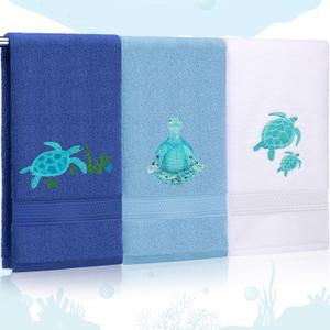 3 Pcs Sea Turtle Hand Towels for Bathroom Sea Turtle Bathroom Decor Gifts 100% Cotton Embroidered Coastal Beach Hand Towels 27.6 x 15.7 Inch Soft Absorbent (Light Blue, Blue, White)