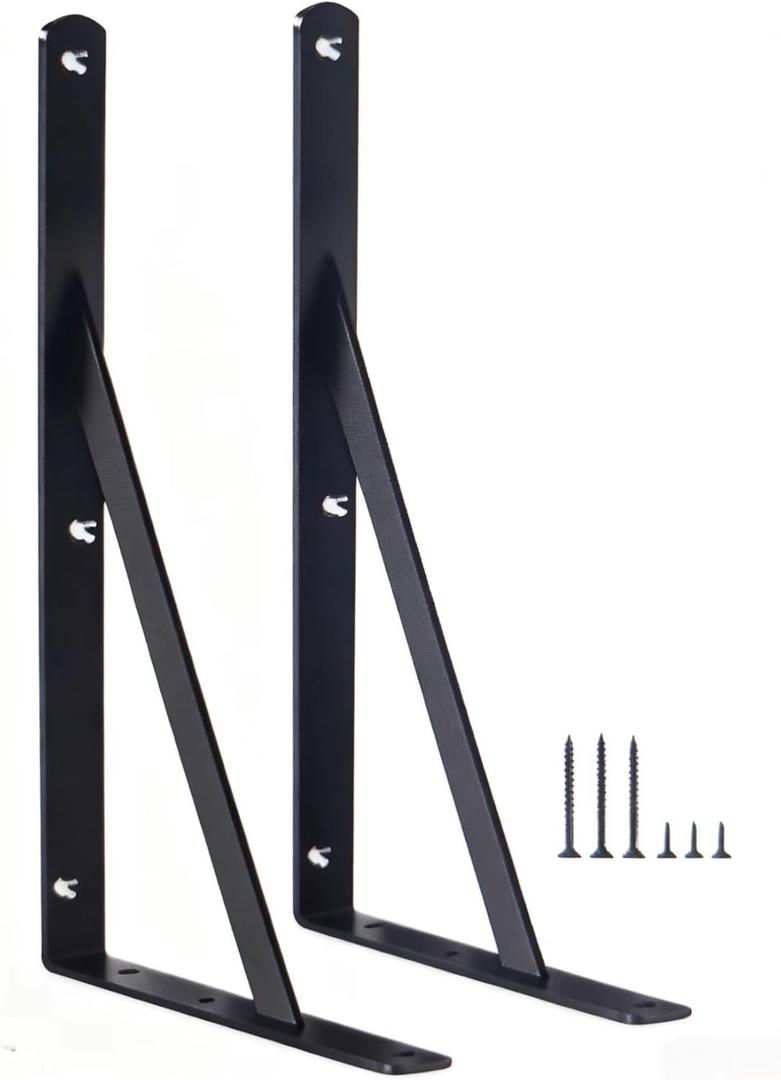 2 Pack L12 x H 8" Black Heavy Duty Shelf Brackets with Screws Metal Shelf Brackets Shelf Support Angle Brackets for Shelves L Brackets Heavy Duty Floating Shelf