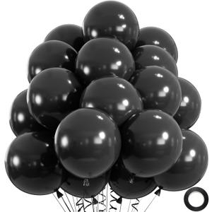 50pcs Black Balloons, 12inch Helium Quality Black Latex Balloons for Birthday Wedding Graduation Halloween Party Decorations (With Ribbon & Glue)