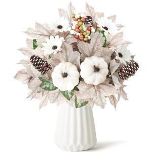 Artmag 2PCS Fall Artificial Flowers Decoration Maple Leaf Stem Pumpkin Branch Sunflower and Berries for Fall Thanksgiving Home Kitchen Festival Decoration (White)