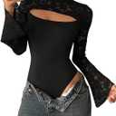 Milumia Women's Sexy Cut Out Lace Bodysuit Bell Sleeve Sheer Leotard Top Small