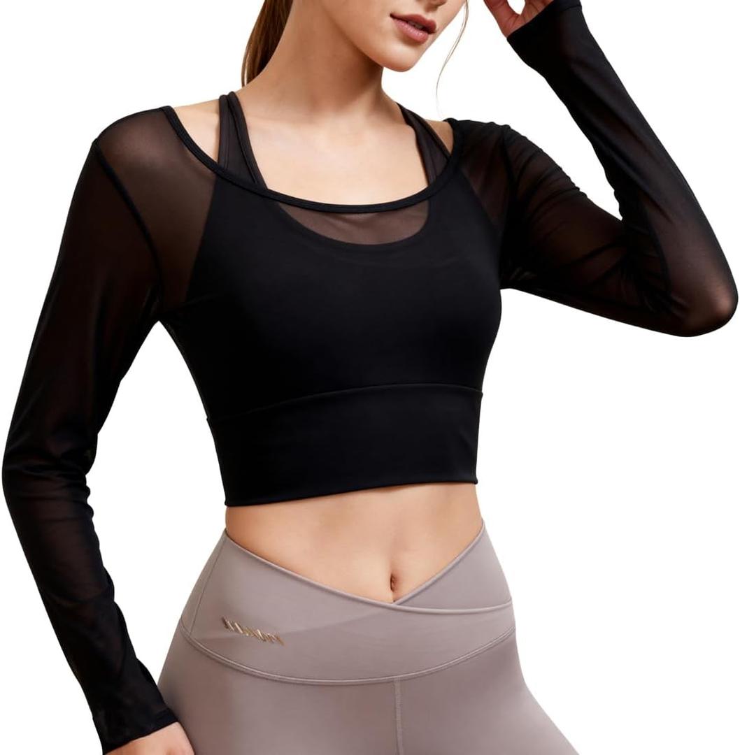 Harssidanzar Women's 2 in 1 Yoga Long Sleeve Mesh Gym Athletic Tops Workout Shirts with Medium Support Sports Bra CL301US (Large, Black)