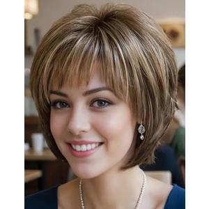 TISHINING Brown Short Hair Wigs for White Women Brown Mix Blonde Pixie Cut Wig with Bangs Brown with Blonde Highlights Straight Synthetic Natural Looking Daily Party Wig