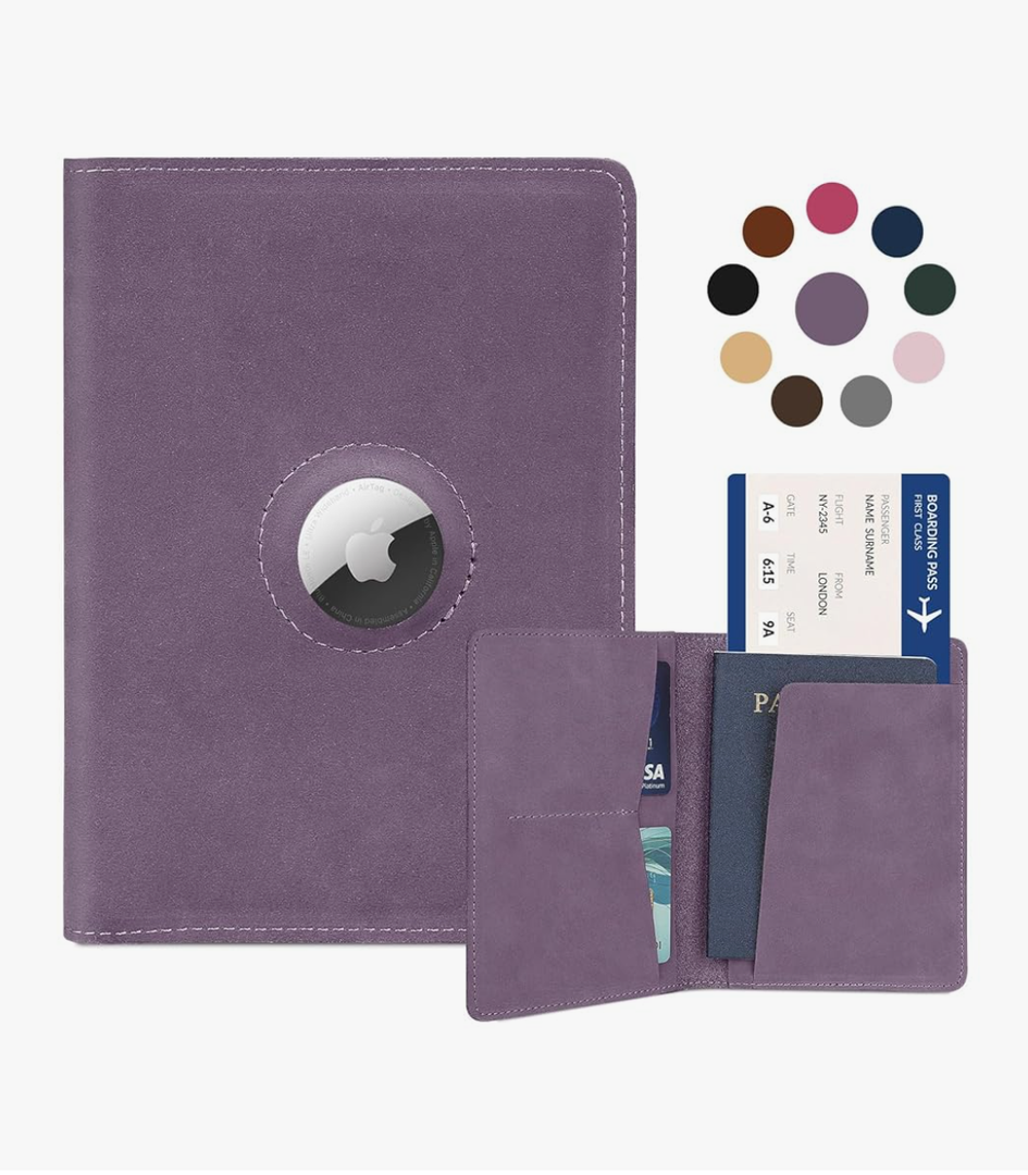 Airtag Passport Holder for Women Men Travel, Real Leather Passport Wallet, Handmade Passport Cover Case with Airtag Slot, Travel Must Haves Essentials Accessories Birthday Gifts (Crazy Horse, Purple)