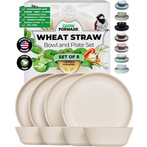 Grow Forward Premium Wheat Straw Plates and Bowls Sets - 8-Piece Wheat Straw Dinnerware Sets - Unbreakable & Reusable Microwave Safe Plastic Dinner Plates for Outdoors, RV, Camping Dishes - Sahara