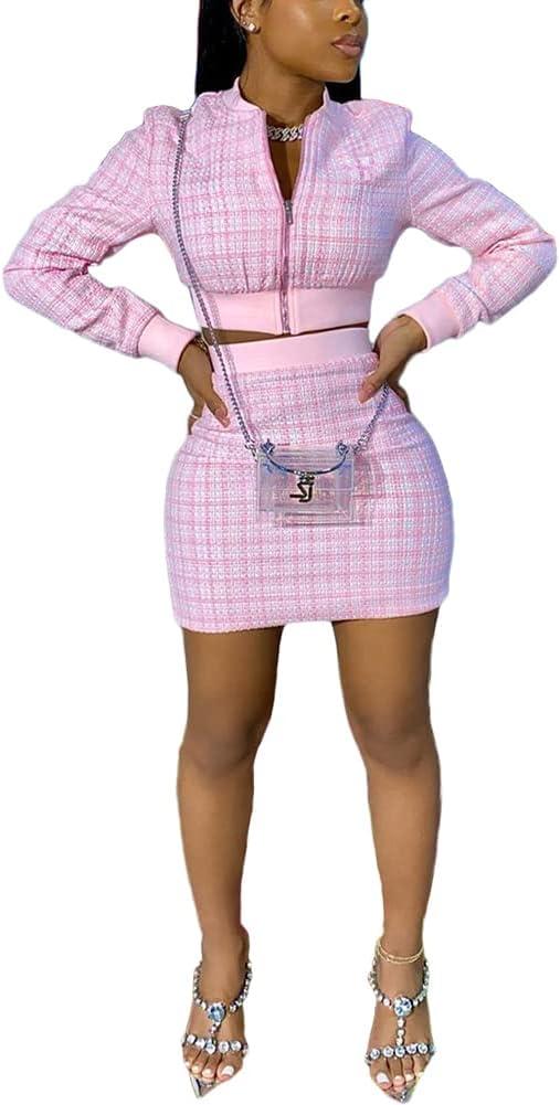 THLAI Women 2 Piece Skirt Set Long Sleeve Jacket Crop Top and Bodycon Mini Skirt Set Pink Party Outfits Birthday Suits (Small)