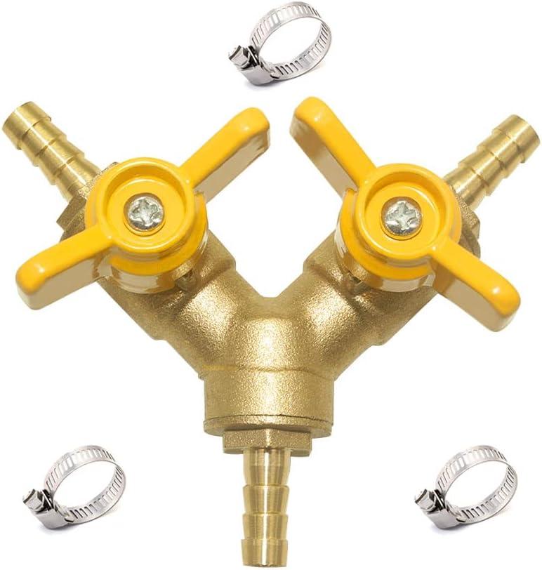 Hooshing 3 Way Shut Off Valve 1/4" Hose Barb 2 Switch Y Shaped Ball Valve Soild Brass with Stainless Clamps for Water Fuel Air