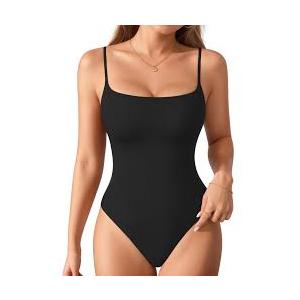 MANGOPOP Women's Cami Thong Bodysuit Double Lined Square Neck Backless Body Suit Adjustable Spaghetti Strap Tank Tops, Large