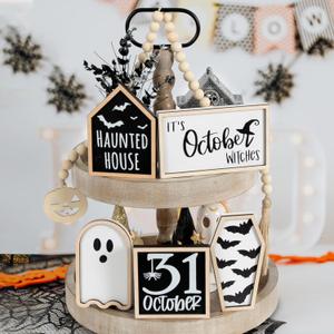 DAZONGE Halloween Decorations | 6PCS Halloween Tiered Tray Decor | Bat Coffin, Haunted House, Ghost, Witches, October 31 Sign, Bead Garland | Halloween Decor | Halloween Centerpiece for Table Shelf (Black&White)