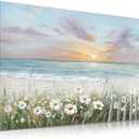 XMYATELi Sunrise Ocean Wall Art with Wildflowers Canvas Picture 30x60 Cm Framed Beach Picture for Bathroom Bedroom Wall Decor Blue Seascape Painting