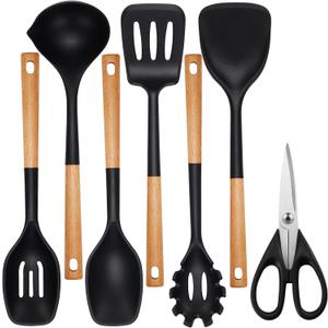 QMVESS Silicone Cooking Utensils Set, Kitchen Utensils Set 7 Pcs with Long Wooden Handle, Food Grade and Heat Resistant Large Silicone Spatula Set for Nonstick Cookware, BPA FreeBlack