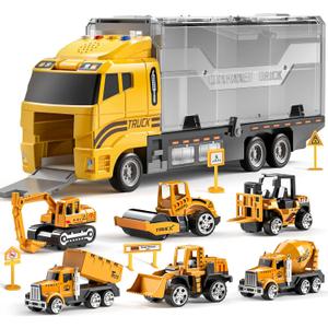 TEMI Toddler Toys for 3 4 5 6 Years Old Boys, Die-cast Construction Toys Car Carrier Vehicle Toy Set w/Play Mat, Kids Toys Truck Alloy Metal Car Toys Set for Age 3-9 Toddlers Kids Boys & Girls