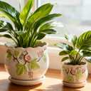 Vintage Flower Pots for Indoor Plant, Round Ceramic Plant Pots with Drainage Holes and Saucers, 6.7/5.2/3.9 Inches Retro Flower Planters Set of 3 (Morning Glory)