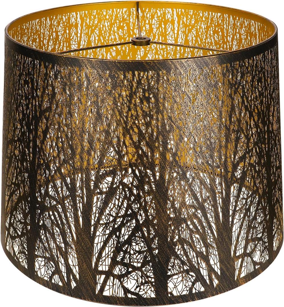 Large Metal Lampshade Forest Etching Forest Lamp Shade Pattern 12'' Top  14'' Bottom  10" Height Fits For Table Lamps and Floor Lamps Spider Fitter (Gold)