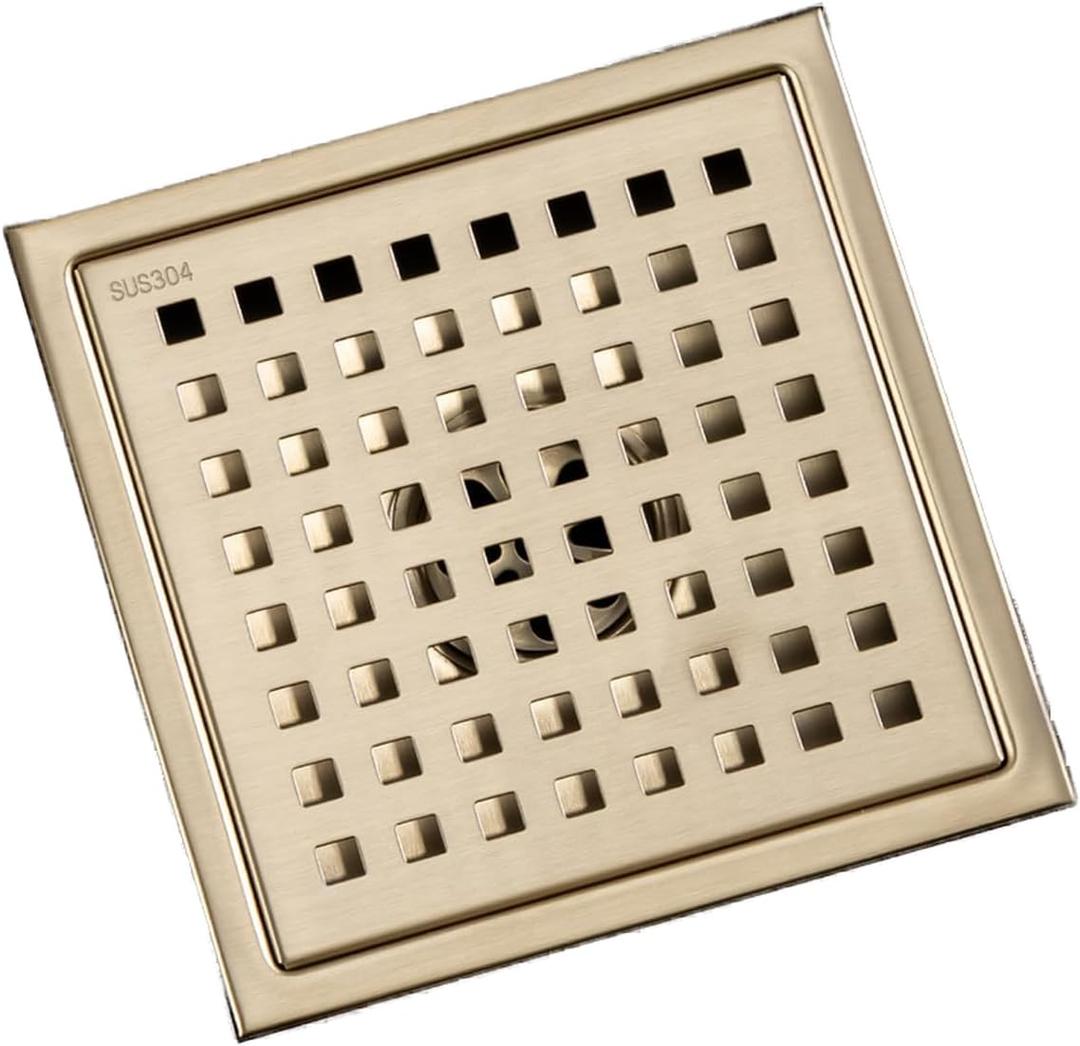 SISEHO"6-inch square floor drain pipe, 304 stainless steel bathroom/shower drain cover anti-blocking design, rust prevention, easy installation, with detachable filter screen" (6 Inch Brushed Gold)