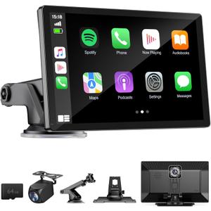 9" Wireless Apple Carplay Screen for Car with 4K Dash Cam, Portable Apple Carplay & Android Auto with 1080p Backup Camera DVR, Voice Control/GPS Navigation/Mirror Link/BT