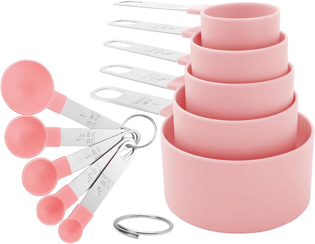 Measuring Cups and Spoons Set, 10 Pieces Stackable Measure Tools with Stainless Steel Handles, Kitchen Gadgets for Cooking & Baking (Pink)