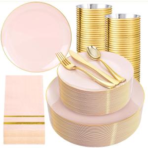 NOCCUR 350PCS Pink and Gold Plastic Plates - Pink Disposable Plastic Dinnerware Set for 50 Guests Include 50 Dinner Plates,50 Dessert Plates,150 Gold Cutlery,50 Cups&50 Napkins for Party&Wedding NOCCUR 350PCS Pink and Gold Plastic Plates - Pink Disposable Plastic Dinnerware Set for 50 Guests Include 50 Dinner Plates,50 Dessert Plates,150 Gold Cutlery,50 Cups&50 Napkins for Party&Wedding