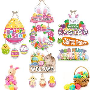 JLCFUTURE 4Pcs/set, Easter Decorations Door Hanger Happy Easter Paper Door Hanging Easter Day Party Supplies Festival Decoration Eggs Rabbits Pattern Door Hanger Corridor Wall Pendant Home Decor