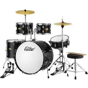 Drum Set Eastar 22 inch for Adults, 5 Piece Full Size Drum Kit Junior Beginner with Pedal Cymbals Stands Stool and Sticks, Mirror Black
