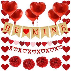 Valentines Day Decorations Set with BE MINE Banner,Heart Foil Balloons,Heart XO Garlands,Heart Garlands,Tissue Paper Pompoms for Galentines Decor,Home Classroom Office Wedding Party Anniversary