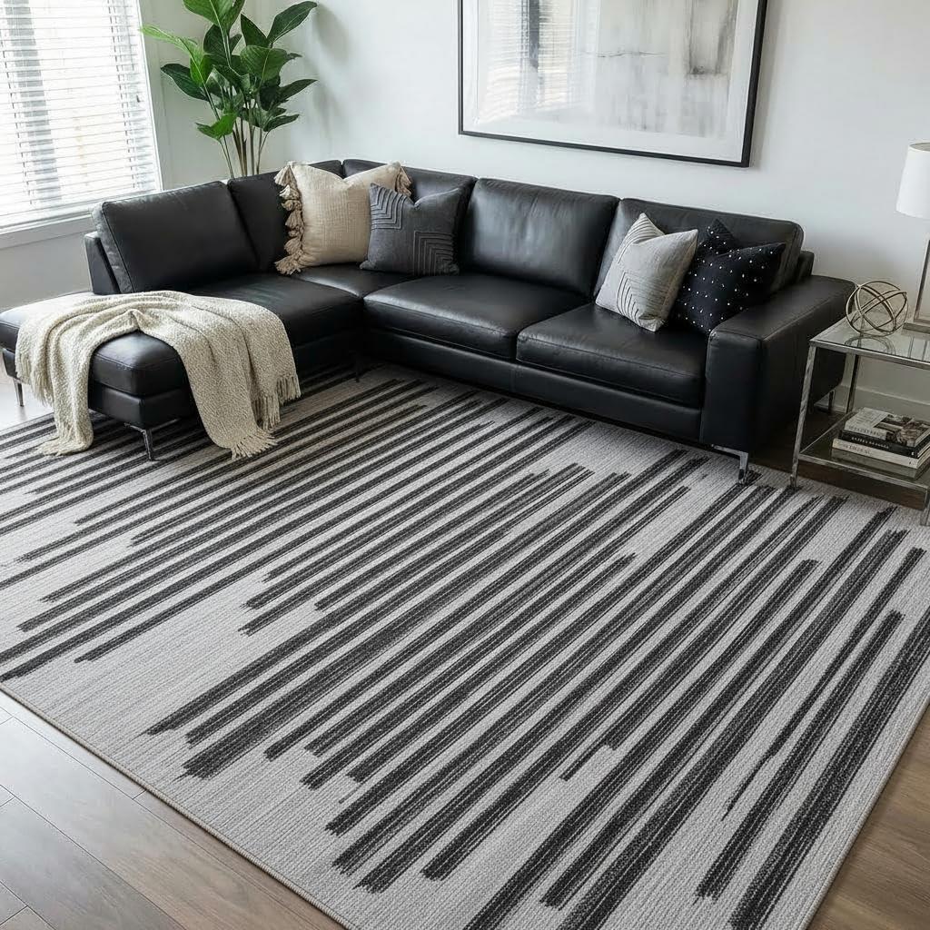 GarveeHome 8x10 Washable Low PileArea Rugs for Bedroom Living Room Kitchen Modern Striped Minimalist Non Slip Stain Resistant Soft Indoor Carpet for Dining Room Guest Room Home Office, Beige Black