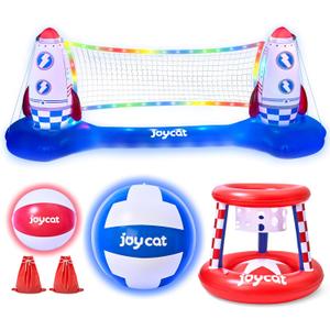 JoyCat LED Inflatable Pool Floats Set,125 Inch Volleyball Net & Basketball Hoop,Floating Swimming Pool Games Beach Toys for Kids,Water Games for Adults and Family,Pools Party Gift