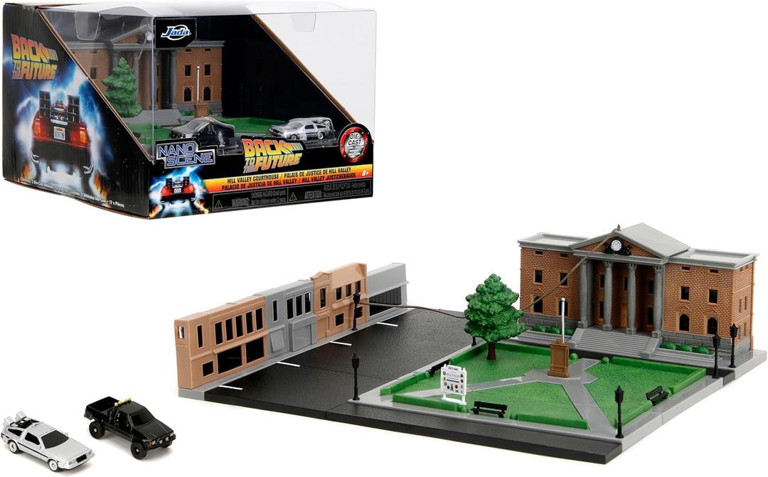 Jada Nanoscene Back to The Future Hill Valley Courthouse Diorama  Movie-Inspired Miniature Diorama incl. 2 Iconic Vehicles (Time Machine & Toyota Pickup)  Collectible Scene for Adults and Kids