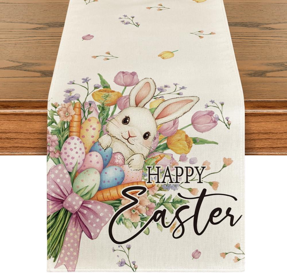 Artoid Mode Bow Bunny Eggs Happy Easter Table Runner,Seasonal Spring Flowers Carrots Kitchen Dining Table Decoration for Home Party Decor 13x60 Inch (Beige)