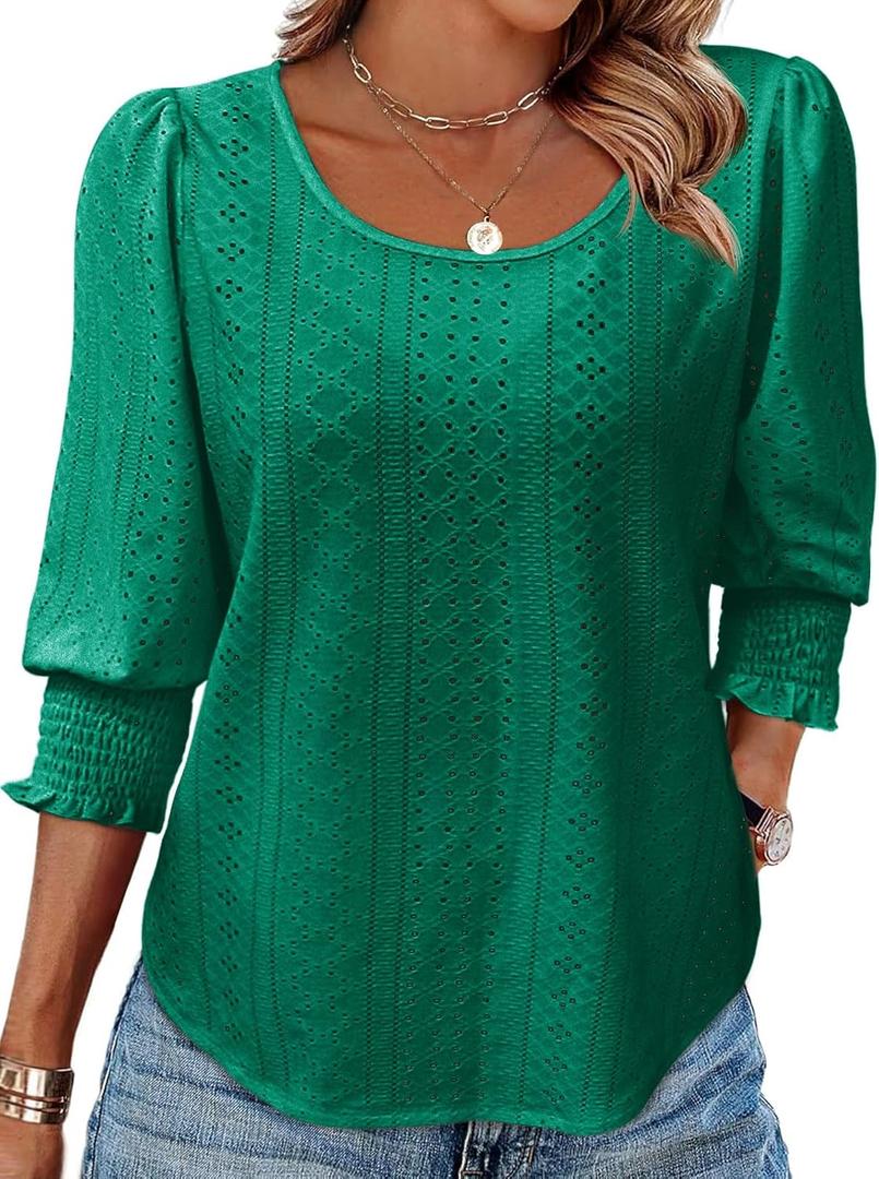 Tankaneo Womens 3/4 Length Sleeve Ladies Tops and Blouses Casual Eyelet Top Crewneck Dressy Shirts with Smocked Cuffs 2025 (Green, L)
