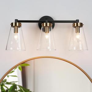 3-Light Bathroom Light Fixtures, Black & Gold Bathroom Vanity Light, Modern Bathroom Wall Lights with Clear Glass Shade, Bathroom Wall Lamp for Mirror Hallway Cabinet