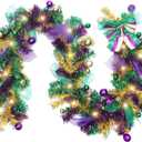 6 ft Artificial Mardi Gras Garland with Lights Mardi Gras Hanging Garland with LED Mixed Ball Carnival Pre Lit Outdoor Decorations for Door Mantle Tree Window Fireplace Kitchen Wall