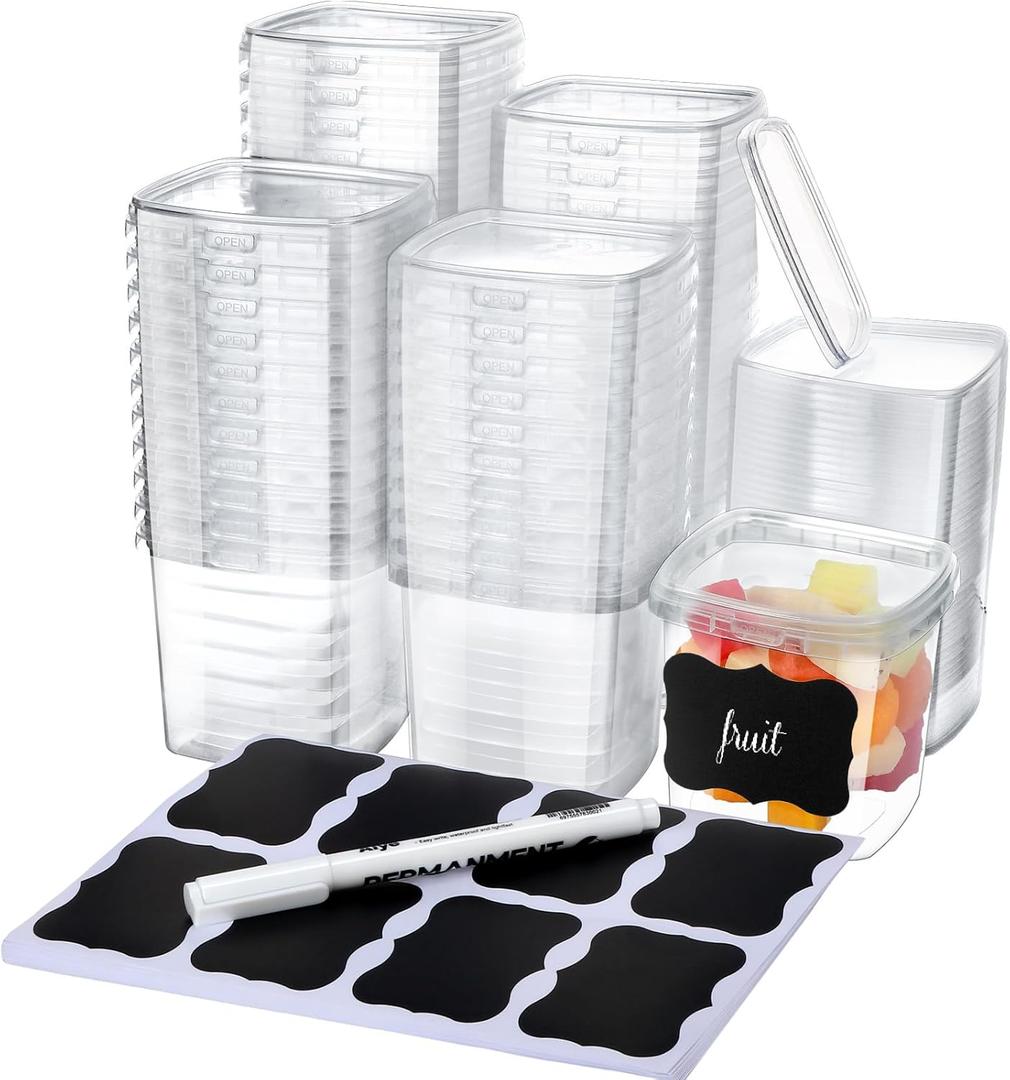 Jinei 50 Pcs Plastic Deli Containers with Lids Clear Square Food Storage Containers Stackable Airtight Square Container with Lids with 9 Labels and Marker for Kitchen Storage Meal Take out (8 oz)