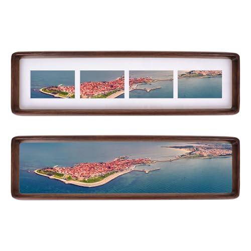 OUBOXDPF 4x16 Collage Picture Frame Walnut Wood, Multiple Four 2x3 Photos or 4x16 without Mat, Rustic Photo Frame with Tempered Glass Hanging or Tabletop Displaying Horizontally or Vertically