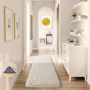 Ophanie Runner Rug for Hallway, 2x6 Upgrade Non-Slip Fluffy Soft Bedside Rugs, Bedroom Living Room Ivory Shaggy Carpet for Kids Girls Boys Dorm Nursery Home Decor Aesthetic