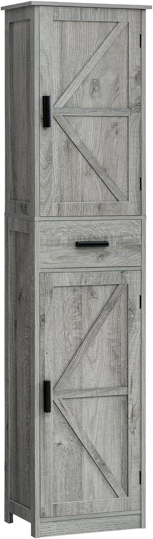 TEENFON Tall Bathroom Cabinet, Storage Cabinet with 6 Shelves & Drawer, Bathroom Storage Cabinet with Adjustable Shelves, Tall Cabinet for Living Room, Home Office, Grey, 11.8"D x 15.8"W x 67"H