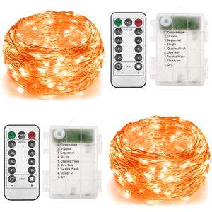 Twinkle Star 2 Pack Orange Halloween Fairy Lights Battery Operated, Total 66 ft 200 Led String Lights Remote Control Timer Silver String Light 8 Modes Firefly Lights for Garden Party Indoor Decor