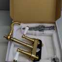 Roffenny Porcelain 2-Handle Brushed Gold Bathroom Faucet 4 inch Centerset with Plastic Pop-up Drain, Classical Gold Bathroom Vanity Sink Faucets for 3 Holes, High Arc 360° Swivel Brass Spout
