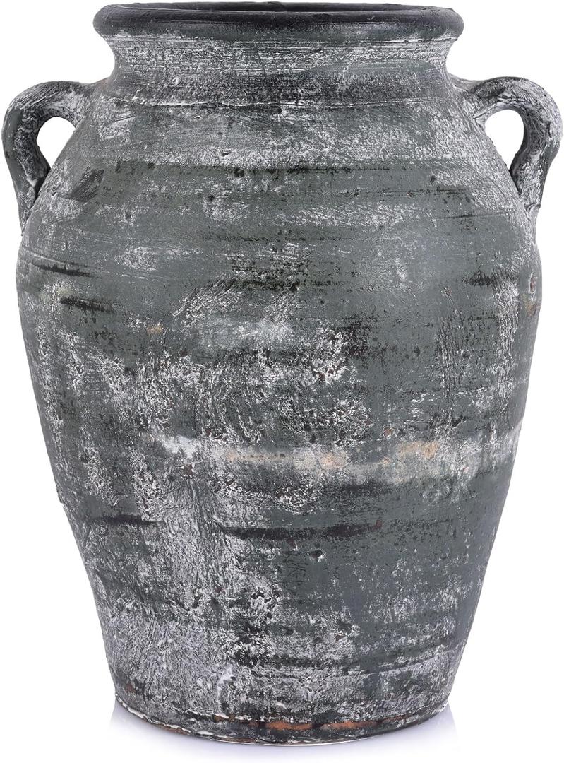 Handcrafted Rustic Terracotta Vase with Handles, 11 Inch Distressed Ceramic Pottery Vase for Farmhouse Decor, Vintage Wide Mouth Vase for Home, Living Room, Table, Shelf, Entryway Decor