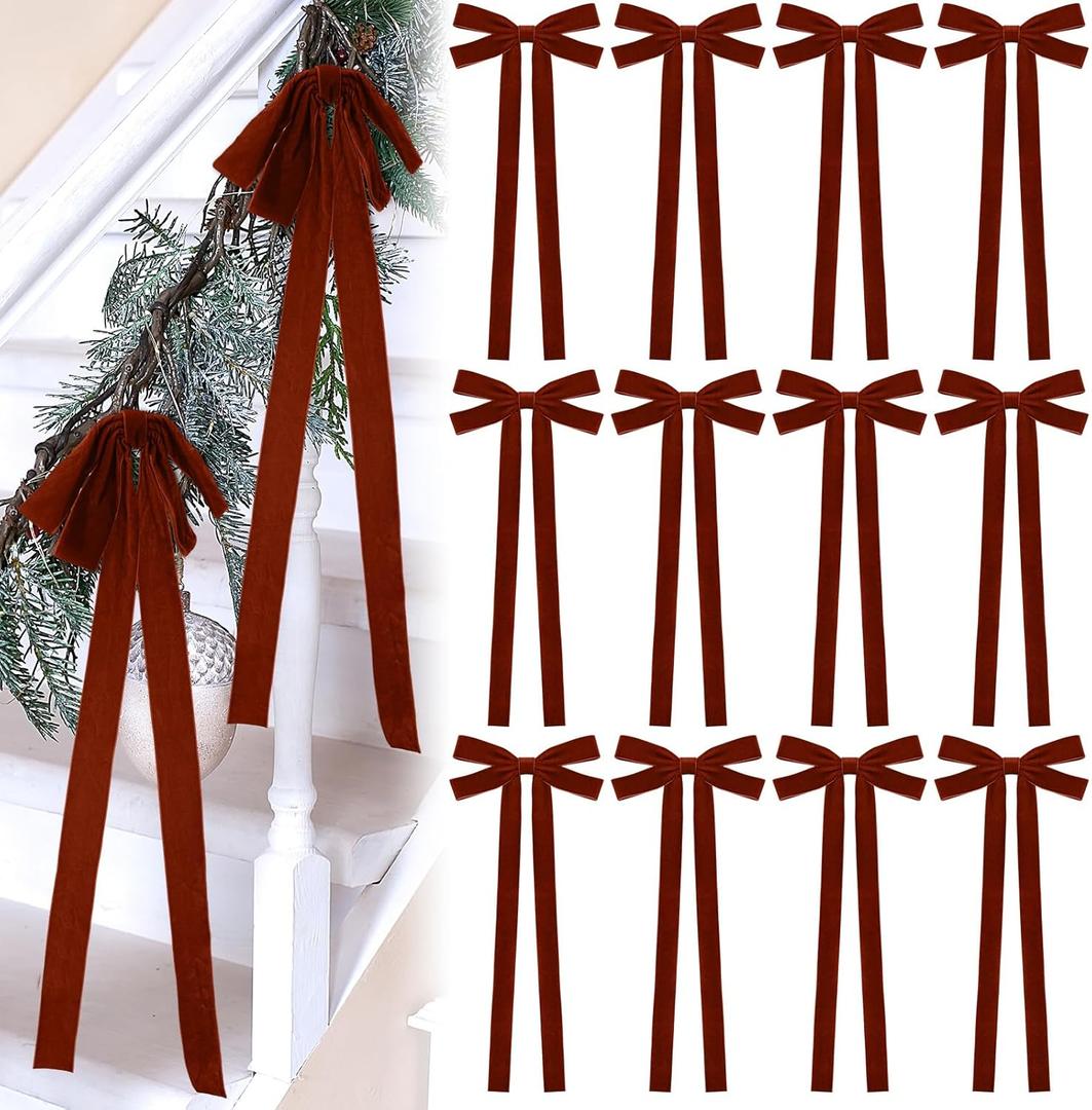 12 Pcs Burgundy Velvet Christmas Bow 10 x 24inch Extra Large Christmas Bow with Extra Long Tail Neutral Holiday Decor Velvet Ribbon Bows for Xmas Garland Fireplace Stairs Mirror Door
