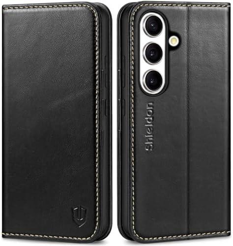 SHIELDON Case for Galaxy S25 6.2" 2025, Genuine Leather Folio Wallet Case RFID Blocking Card Holder Folio Magnetic Stand Shockproof Protective Cover Compatible with Galaxy S25 - Retro Black