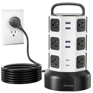 【10ft】 Power Strip Tower JACKYLED Surge Protector Electric Charging Station with 13A 12 Outlets 6 USB Ports Heavy Duty Extension Cord for Home Office Computer Nightstand Laptop Phone White Black